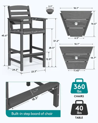 Miniatura 3 de SERWALL Juego de 2 sillas Adirondack altas con mesa de conexión, color gris