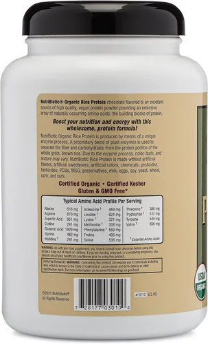 Miniatura 2 de NutriBiotic Chocolate con proteína de arroz orgánico certificado, 22.9 onzas, proteína vegana baja en carbohidratos en polvo, crudo, certificado