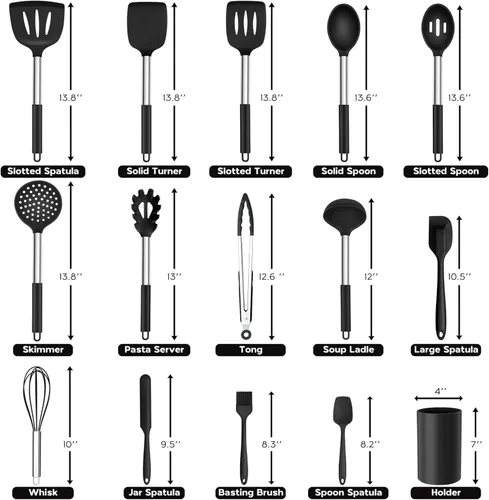 Miniatura 2 de Onader Juego de utensilios de cocina, 15 piezas de utensilios de cocina de silicona con soporte y mango de acero inoxidable resistente al calor