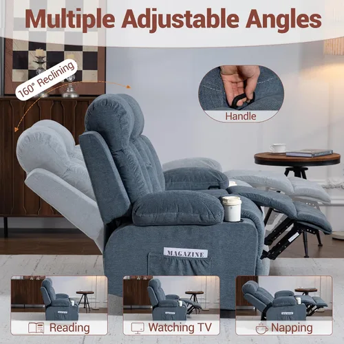 Miniatura 3 de Juego de sofá reclinable manual, 3 piezas con bolsillos laterales, portavasos para cine en casa, oficina (azul, sofá biplaza+silla)