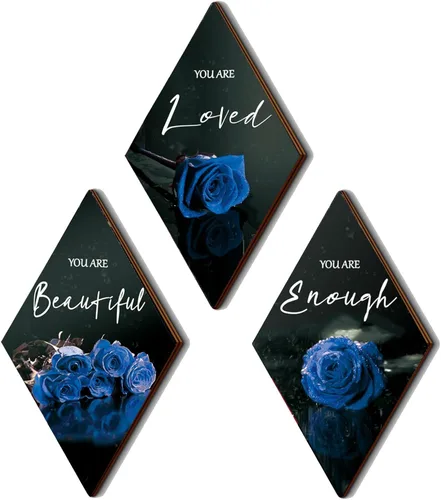 ONIZHITY 3 piezas de decoración de pared azul de madera rosa decoración de baño citas positivas You Are Beautiful decoración azul y negro decoración