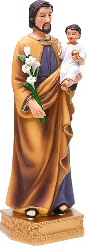 QIANLING Estatua religiosa de resina de San José con niño, figuras católicas de San José de 8 pulgadas, regalos religiosos pintados a mano de