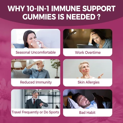 Miniatura 7 de Gomitas de suplemento de apoyo inmunológico 10 en 1, con equinácea, saúco, vitamina C y zinc, selenio, vitamina D3 5000IU, magnesio, multivitamínico