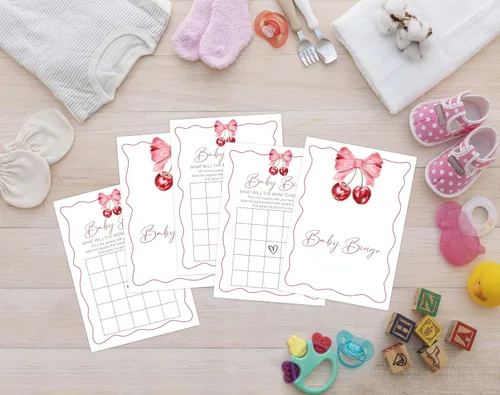 Miniatura 4 de Cherry Baby Shower - Juego de bingo para 30 invitados con tarjetas de juego, revelación de género, suministros y decoraciones para baby shower (DV35)