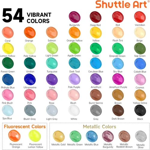 Miniatura 3 de 54 Colores Pintura Acrílica, Juego de Pintura Acrílica Shuttle Art con 12 Pinceles, Botellas de 2 oz/60 ml, Pinturas Ricas en Pigmentos, Resistente