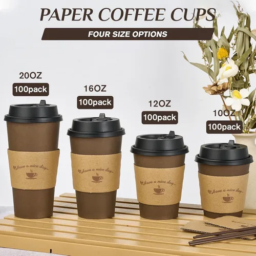 Miniatura 7 de LITOPAK Paquete de 100 tazas de café de papel de 12 onzas con tapas, fundas y palitos de agitación para café, agua o jugo, tazas de papel 12 oz