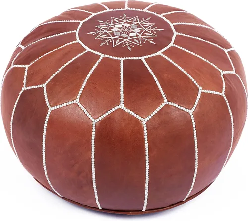 Marrakesh Gallery Puf redondo de cuero genuino sin relleno, reposapiés otomano marroquí, funda para reposapiés, decoración bohemia, sala de estar,