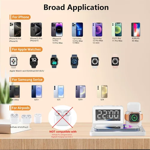 Miniatura 3 de Estación de carga rápida inalámbrica, reloj despertador 7 en 1 con soporte de cargador inalámbrico, base de carga para Apple, para múltiples Negro