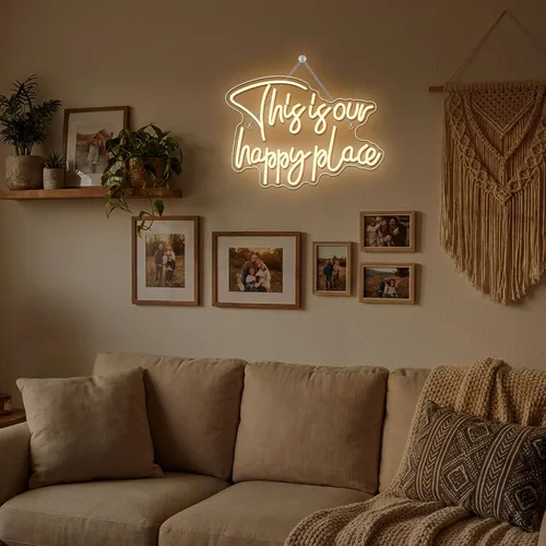Miniatura 2 de NOSUN Letrero de neón con texto en inglés «This is Our Happy Place» para decoración de pared, regulable, luz blanca cálida, para dormitorio, aula