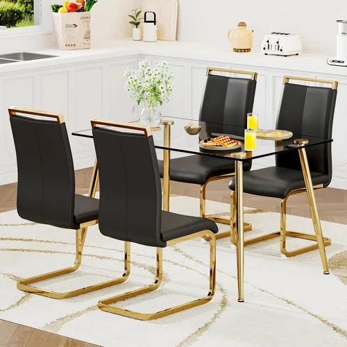 Miniatura 10 de Juego de mesa de comedor de vidrio Ebullient para 4, mesa de 51" de vidrio templado transparente con patas de metal negro y 4 sillas de acrílico