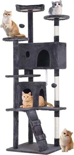 Miniatura 20 de Árbol para gatos resistente con torre de 70 pulgadas de alto, 3 perchas y 2 condominios acogedores, poste de sisal y escaleras para gatos grandes
