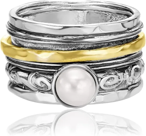Miniatura 3 de 925 Sterling Silver14K Gold Plated Silver Spinner Ring Unisex, Bold Hammered BeadedFreshwater Pearl Floral Etched and Hammered, Oxidized