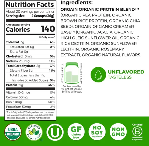 Miniatura 2 de Orgain - Proteína orgánica vegana en polvo, natural sin azúcar - 21g de proteína vegetal, 4g de fibra prebiótica, bajo en carbohidratos netos, sin