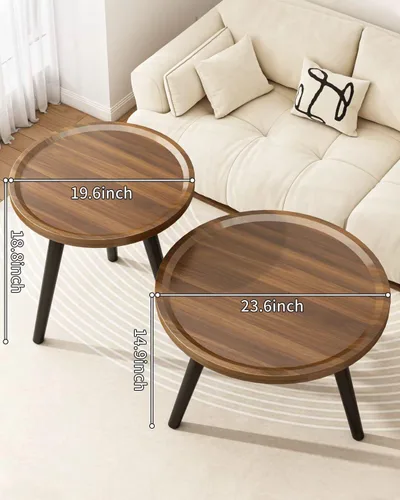Miniatura 2 de Juego de 2 mesas de centro redondas anidadas, mesa de té de nogal para espacios pequeños, mesa central circular de madera con acanaladas, mesas