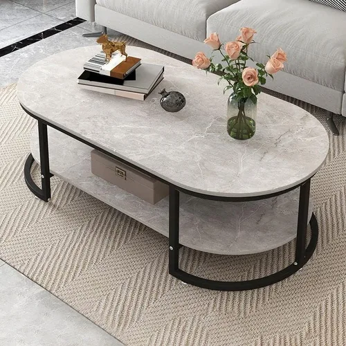 Miniatura 10 de Mesa auxiliar, moderna y ovalada, mesa de centro minimalista de madera para sala de estar, almacenamiento gris oscuro incluido, 39.5 pulgadas