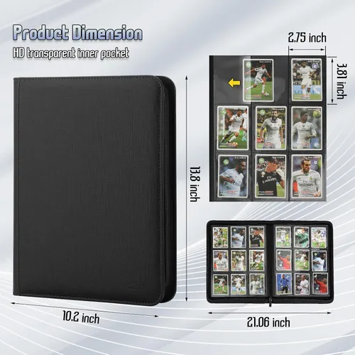 Miniatura 2 de Carpeta de 9 bolsillos para tarjetas intercambiables, capacidad 540 con cierre de cremallera, protector de tarjetas de piel sintética de doble cara