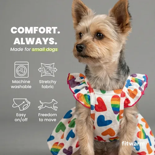 Miniatura 6 de Fitwarm Vestido de Perro con Corazón Colorido, Ropa de Verano para Perros Pequeños Hembra, Lindo Atuendo de Mascota Arcoíris, Rojo, Amarillo, Azul