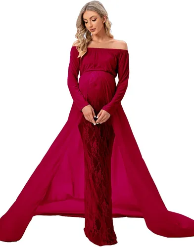 Miniatura 3 de ZIUMUDY Vestido de maternidad para sesión de fotos de manga larga con hombros descubiertos vestido de encaje ajustado con capa larga de gasa trian