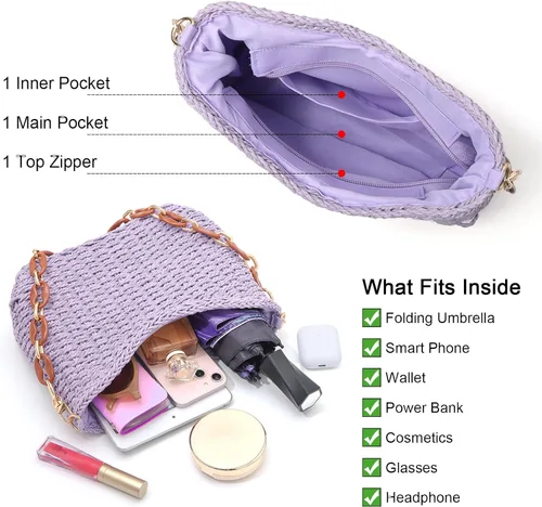 Miniatura 3 de Ovida Bolso de hombro de paja para mujer, bolso de playa tejido de paja para verano, bolso pequeño de mano de paja, bolso de mano para teléfono