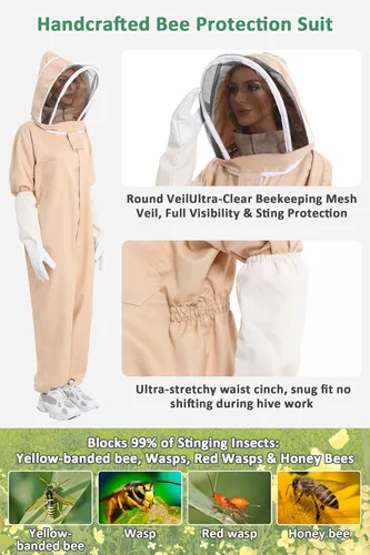 Miniatura 3 de Trajes de abeja para mujer a prueba de picaduras con guantes de piel de oveja y traje de apicultor y protección profesional de apicultor traje total