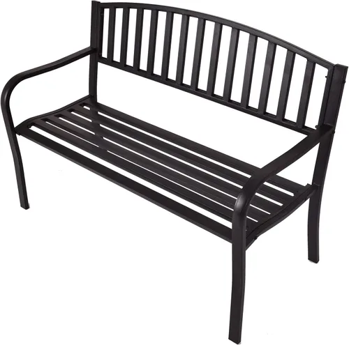 Tangkula Banco de jardín de acero para exteriores de 50 pulgadas, banco de jardín con respaldo alto y reposabrazos inoxidables, banco ideal para