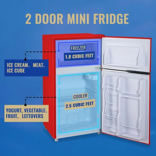 Miniatura 6 de Refrigerador de 3.5 pies cúbicos con congelador, refrigerador de doble puerta color rojo con estantes ajustables de cristal, cajón plástico