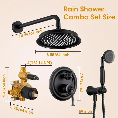 Miniatura 6 de Cabezal de ducha de lluvia antiguo con rociador de mano, sistema de ducha de lluvia negro mate con válvula de presión de equilibrio empotrada, Mate