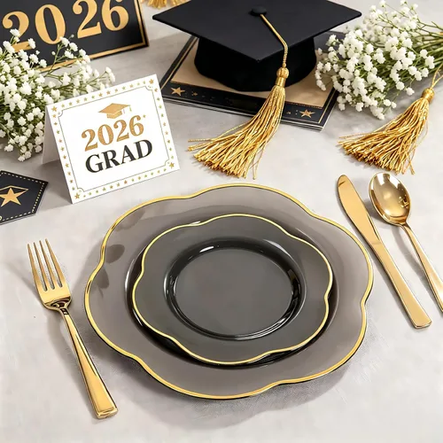 Miniatura 3 de Liacere 50 platos de plástico negro, resistentes, incluye 25 platos llanos negros, 25 platos de postre rojos para graduación