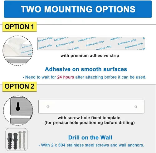 Miniatura 2 de Portacuchillos magnético de 17 pulgadas para pared, sin taladro/taladro, con 12 ganchos, cinta magnética de doble barra adhesiva fuerte, soporte