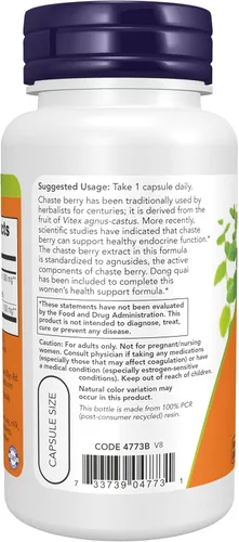 Miniatura 3 de Suplementos NOW, extracto de bayas de Vitex Chaste de 300 mg con dong quai, salud de la mujer*, 90 cápsulas vegetales
