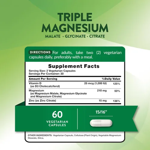 Miniatura 2 de Nature's Truth Suplemento triple de complejo de magnesio 60 cápsulas glicinato, citrato y malato con D3 y zinc Vegetariano, sin OMG y sin