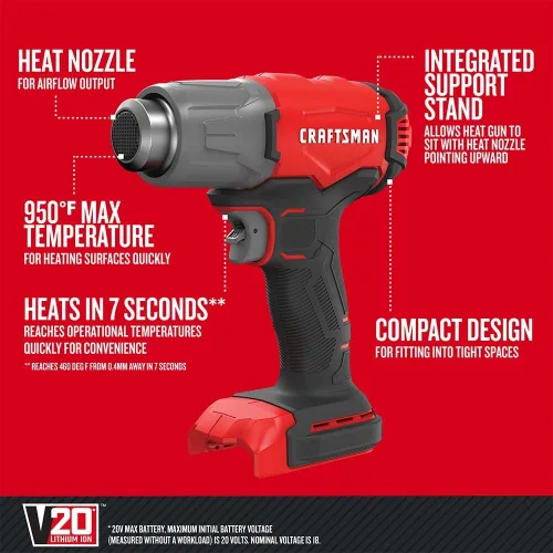 Miniatura 3 de Pistola de calor inalámbrica CRAFTSMAN V20, hasta 950 grados, pistola de calor portátil, solo herramienta (CMCE530B)