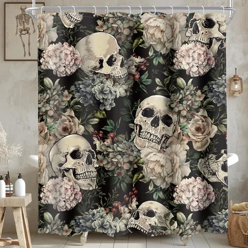 Miniatura 11 de AMBZEK Cortina de ducha con diseño floral de calavera gótica, 60 pulgadas de ancho x 72 pulgadas de largo, para hombre, esqueleto gótico