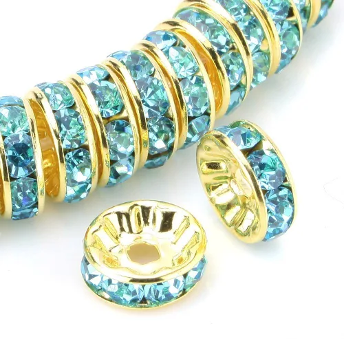 Miniatura 20 de RUBYCA 100 unidades de cuentas espaciadoras redondas estilo Rondelle en tono dorado de 10 mm, cristal checo AB blanco