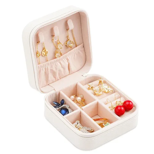 Miniatura 7 de Mini joyero portátil de viaje de cuero para joyas de anillo organizador caja de regalo de almacenamiento para niñas y mujeres (blanco).