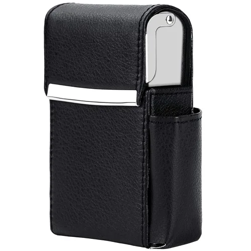 Caja de cigarrillos deslizante de piel sintética con soporte para encendedor y trabilla para cinturón para hombres y mujeres, unisex