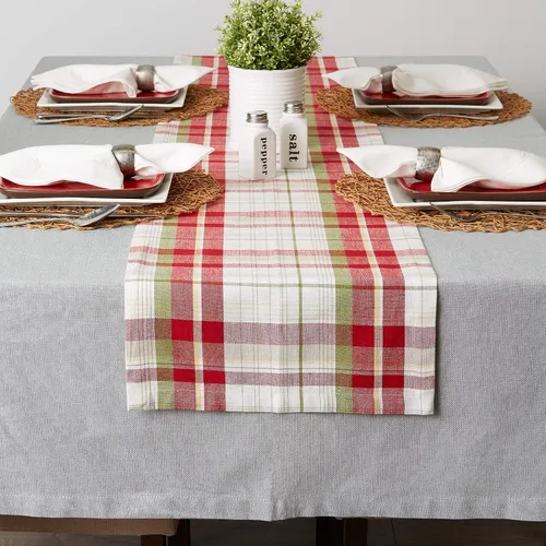 Miniatura 4 de DII - Camino de mesa estilo Orchard con cuadros, colección de elementos esenciales de mesa de lino, 14 x 108 pulgadas, color gris pardo/rojo