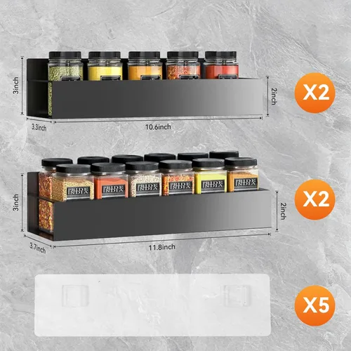 Miniatura 6 de Estante para especias de montaje en pared: 4 paquetes de almacenamiento y organización de despensa de gran tamaño sin taladrar – 11.8 pulgadas negro