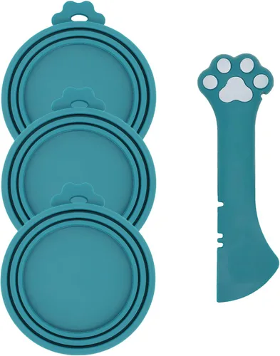 Miniatura 14 de Cuchara para Latas de Comida para Mascotas y 3 Tapas para Latas Espátula Abridor con Forma de Pata Linda Cuchara para Comida Húmeda de Gato Gris