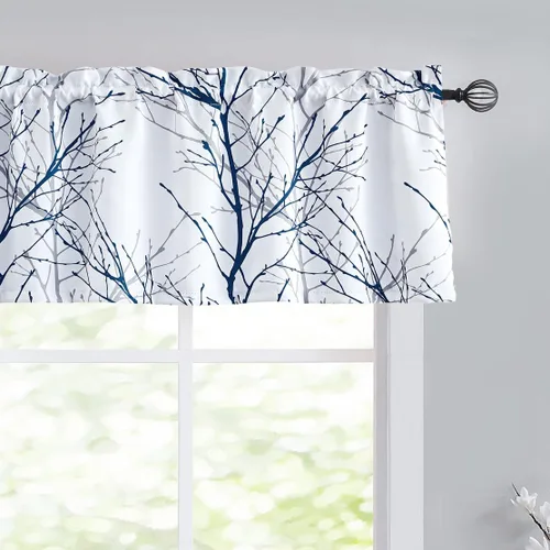 FMFUNCTEX Cortina cenefa opaca 100% azul y blanca para cocina, baño, sala de estar, dormitorio, estampado de ramas de árbol, cenefas opacas para