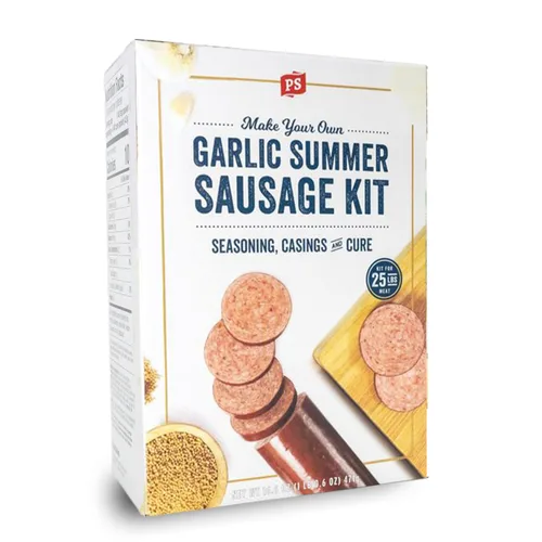Kit de salchicha de verano con ajo de PS Seasoning - Incluye mezcla de condimentos para salchichas, cura y fundas para hasta 25 libras de carne -