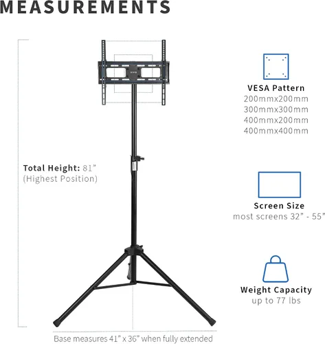 Miniatura 4 de VIVO Trípode de 32 a 55 pulgadas LCD LED pantalla plana TV soporte de piso, montaje portátil ajustable en altura, negro, STAND-TV55T
