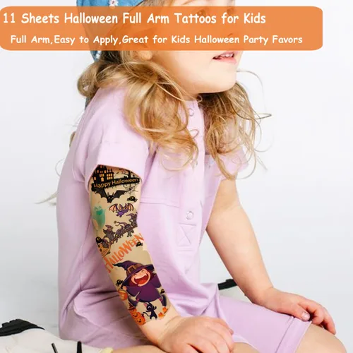 Miniatura 3 de CHARLENT Tatuajes temporales de brazo completo de Halloween para niños, 11 hojas de tatuajes de Halloween de brazo completo para niños y niñas