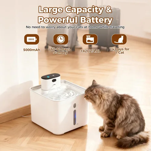 Miniatura 4 de Fuente de agua para gatos sin bombeo de 4.2L, fuente para gatos con batería de 5000 mAh, fuentes de agua inalámbricas para mascotas, modos de agua