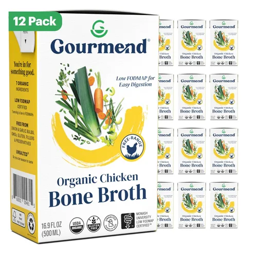 Caldo de hueso de pollo orgánico sin sal de 16.9 oz (12 paquetes) – 7 ingredientes, certificado bajo en FODMAP, sin rellenos, sin gluten, sin