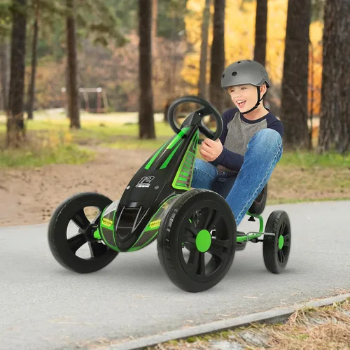 Miniatura 6 de Hauck Cyclone Junior Racing Go Kart con llantas de 12 pulgadas, pedales estilo carrera y freno de 8 bolas, verde lima - Juguete de paseo para niños