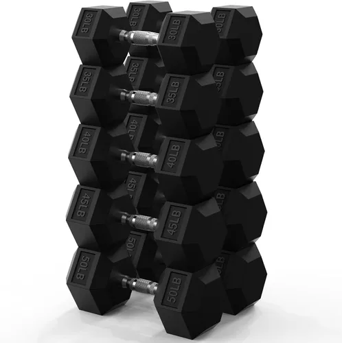 Miniatura 18 de PAPABABE Juego de mancuernas hexagonales de 45 a 550 libras, mancuernas de gimnasio en casa con revestimiento de goma, mancuernas para mujeres