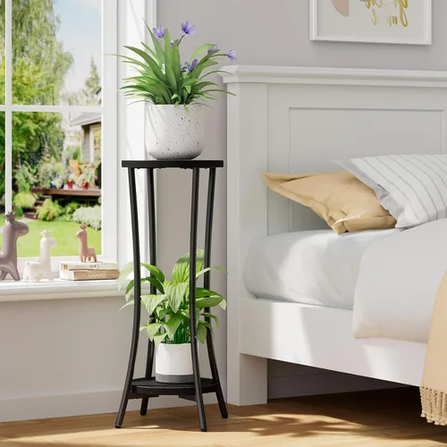 Miniatura 7 de IBUYKE Soporte para plantas de 30 pulgadas de alto para interiores, soporte de esquina de madera de 2 niveles, estante redondo moderno para plantas
