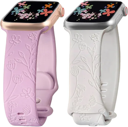 Miniatura 10 de 2 correas grabadas compatibles con Apple Watch Band 1.732 in 1.575 in 1.772 in, correa deportiva de silicona para mujeres y niñas, correa deportiva
