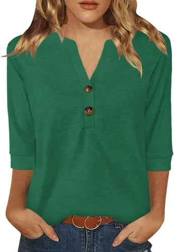 Miniatura 15 de Dimur Camisetas de manga 3/4 con cuello en V y botones para mujer, traje casual de negocios, camiseta básica de verano 2025